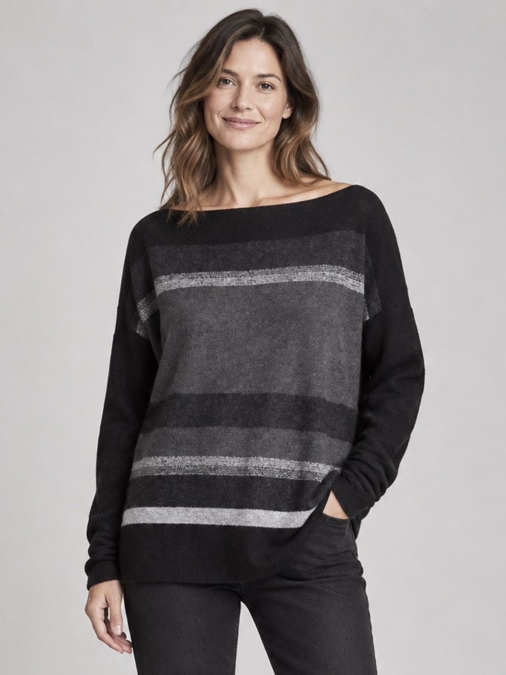 Vince Wool Cashmere Striped Boat Neck Sweater Black Grey Size Large